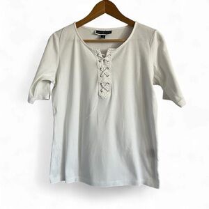 Karen Scott White Faux Lace-Up Short Sleeve Top